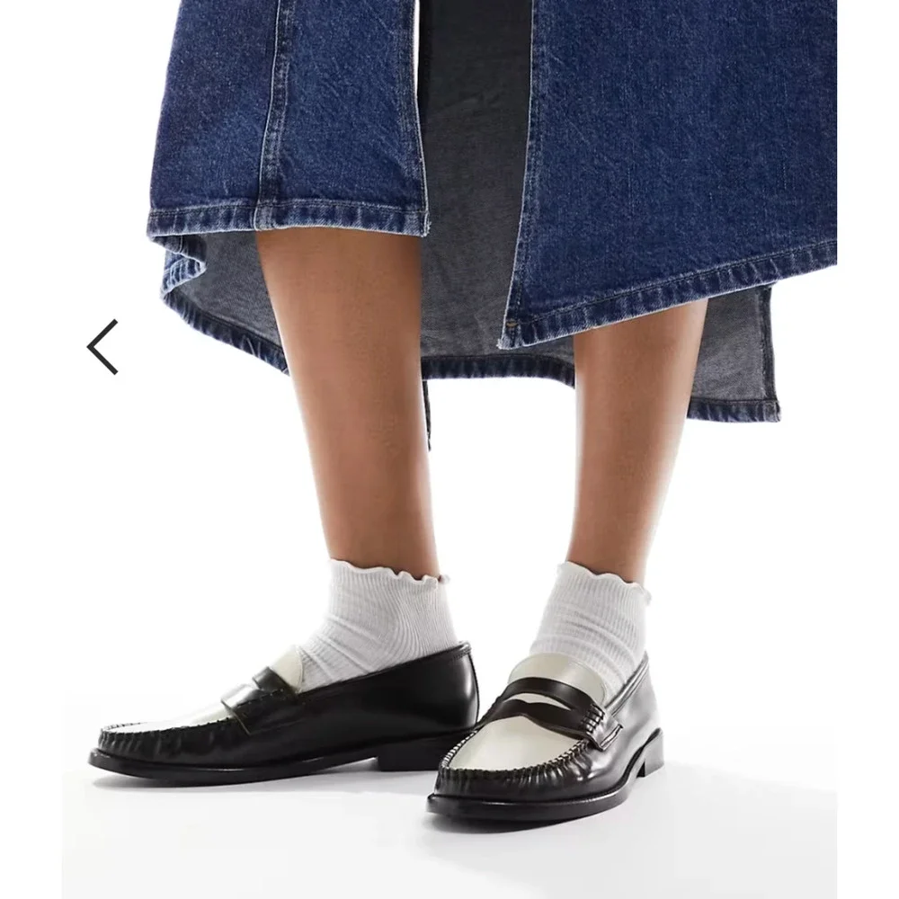 NEW MANGO MNG BLACK WHITE TWO TONE LEATHER PENNY LOAFERS SHOES SZ 37 US 6.5